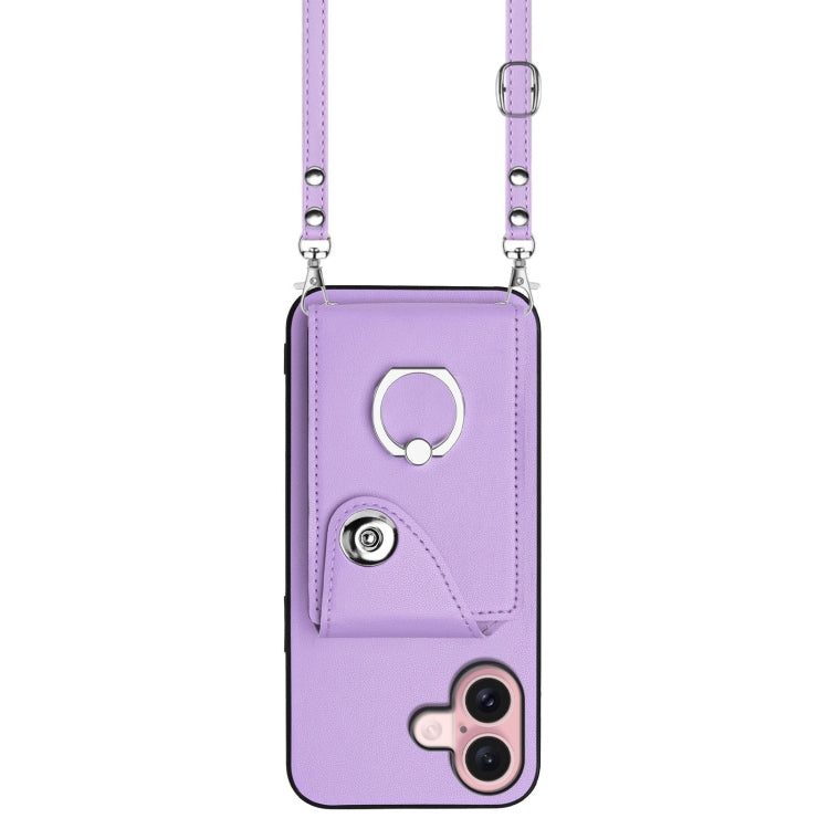 For iPhone 16 Organ Card Bag Ring Holder Phone Case with Long Lanyard(Purple) - iPhone 16 Cases by buy2fix | Online Shopping UK | buy2fix