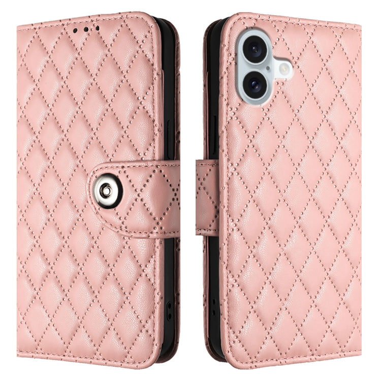 For iPhone 16 Plus Rhombic Texture Flip Leather Phone Case with Lanyard(Coral Pink) - iPhone 16 Plus Cases by buy2fix | Online Shopping UK | buy2fix