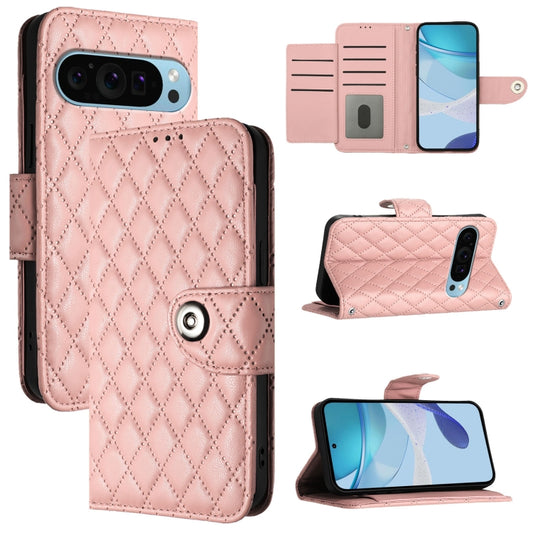 For Google Pixel 9 / Pixel 9 Pro Rhombic Texture Flip Leather Phone Case with Lanyard(Coral Pink) - Google Cases by buy2fix | Online Shopping UK | buy2fix