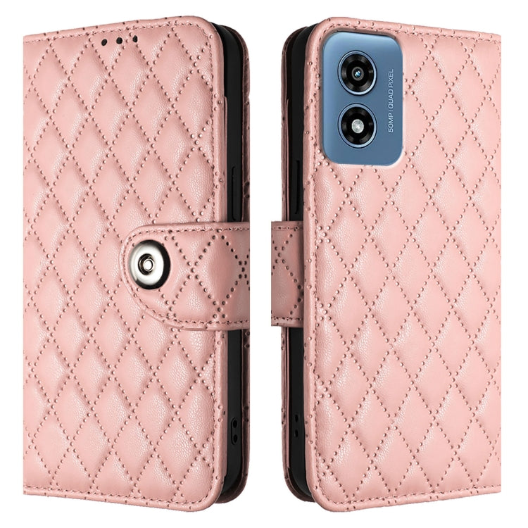 For Motorola Moto G 5G 2024 Global Rhombic Texture Flip Leather Phone Case with Lanyard(Coral Pink) - Motorola Cases by buy2fix | Online Shopping UK | buy2fix