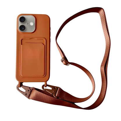 For iPhone 16 Plus Card Slot Liquid Silicone Phone Case with Lanyard(Brown) - iPhone 16 Plus Cases by buy2fix | Online Shopping UK | buy2fix