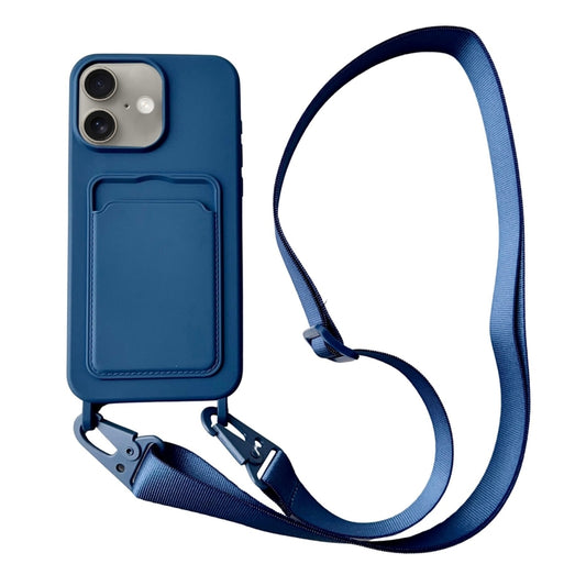 For iPhone 16 Card Slot Liquid Silicone Phone Case with Lanyard(Royal Blue) - iPhone 16 Cases by buy2fix | Online Shopping UK | buy2fix