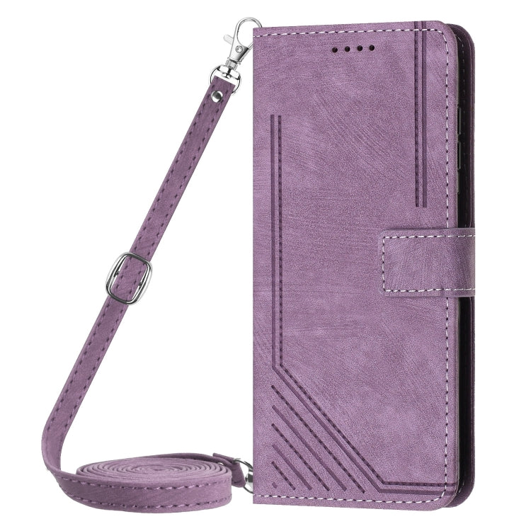 For Motorola Edge 2024 Skin Feel Stripe Pattern Leather Phone Case with Long Lanyard(Purple) - Motorola Cases by buy2fix | Online Shopping UK | buy2fix