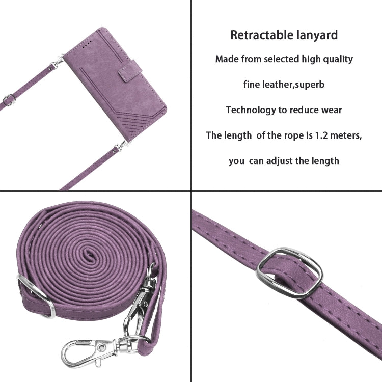 For Motorola Edge 2024 Skin Feel Stripe Pattern Leather Phone Case with Long Lanyard(Purple) - Motorola Cases by buy2fix | Online Shopping UK | buy2fix