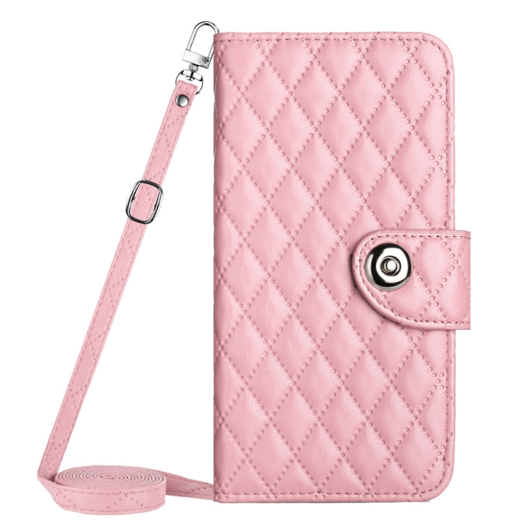 For Motorola Moto G Power 5G 2024 Rhombic Texture Flip Leather Phone Case with Long Lanyard(Pink) - Motorola Cases by buy2fix | Online Shopping UK | buy2fix