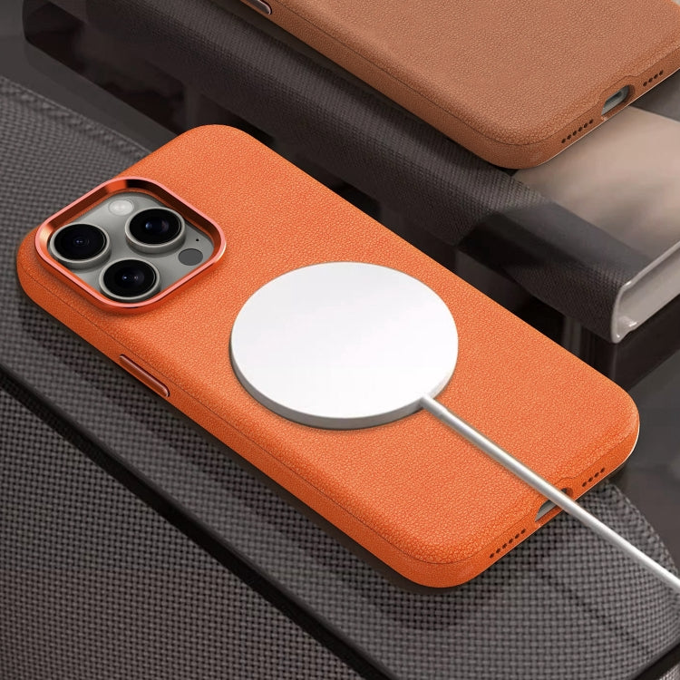 For iPhone 14 Plus Metal Lens Frame Leather Magsafe Full Coverage Shockproof Phone Case(Orange) - iPhone 14 Plus Cases by buy2fix | Online Shopping UK | buy2fix