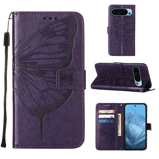 For Google Pixel 9 Embossed Butterfly Leather Phone Case(Dark Purple) - Google Cases by buy2fix | Online Shopping UK | buy2fix