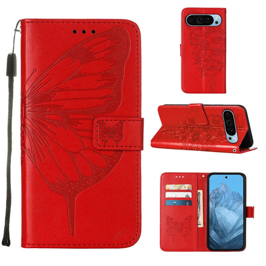 For Google Pixel 9 Embossed Butterfly Leather Phone Case(Red) - Google Cases by buy2fix | Online Shopping UK | buy2fix