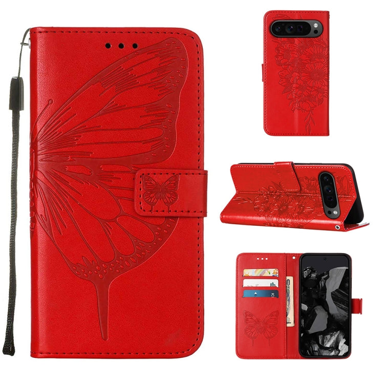 For Google Pixel 9 Pro Embossed Butterfly Leather Phone Case(Red) - Google Cases by buy2fix | Online Shopping UK | buy2fix