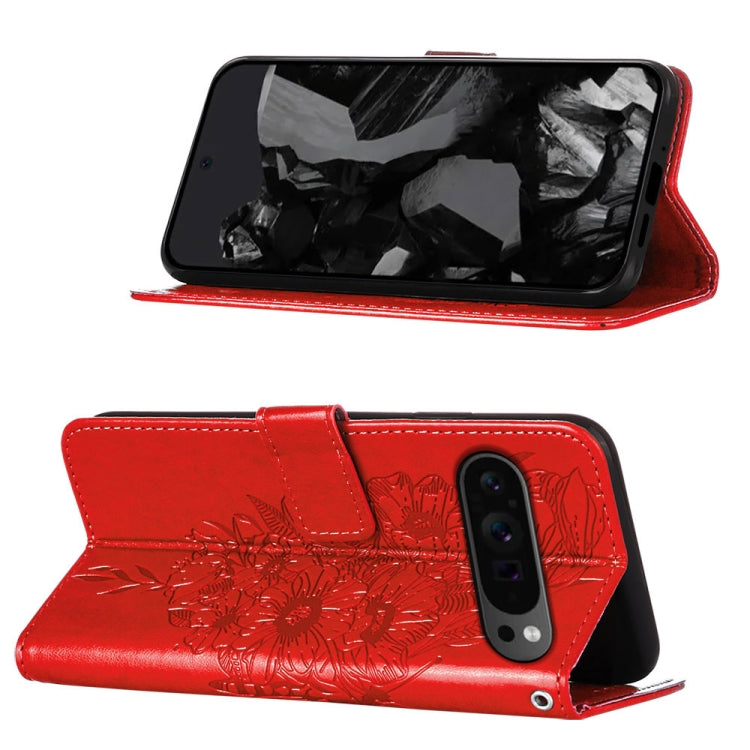 For Google Pixel 9 Pro Embossed Butterfly Leather Phone Case(Red) - Google Cases by buy2fix | Online Shopping UK | buy2fix