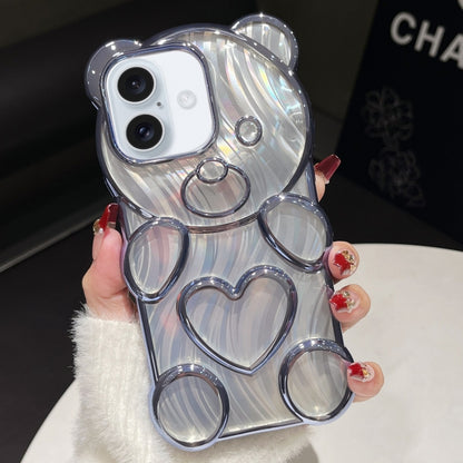 For iPhone 16 Bear Shaped Embossed Electroplated Laser TPU Phone Case(Blue) - iPhone 16 Cases by buy2fix | Online Shopping UK | buy2fix