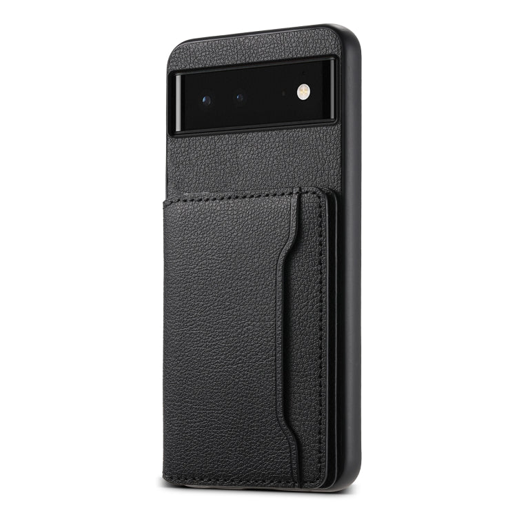 For Google Pixel 6 Calf Texture Card Bag Design Full Coverage Phone Case(Black) - Google Cases by buy2fix | Online Shopping UK | buy2fix