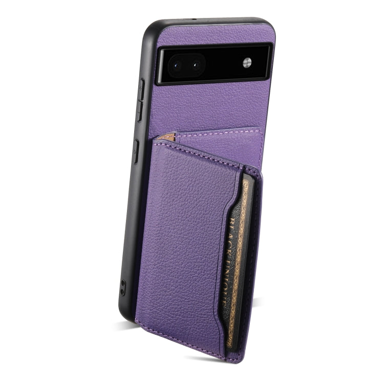 For Google Pixel 6a Calf Texture Card Bag Design Full Coverage Phone Case(Purple) - Google Cases by buy2fix | Online Shopping UK | buy2fix