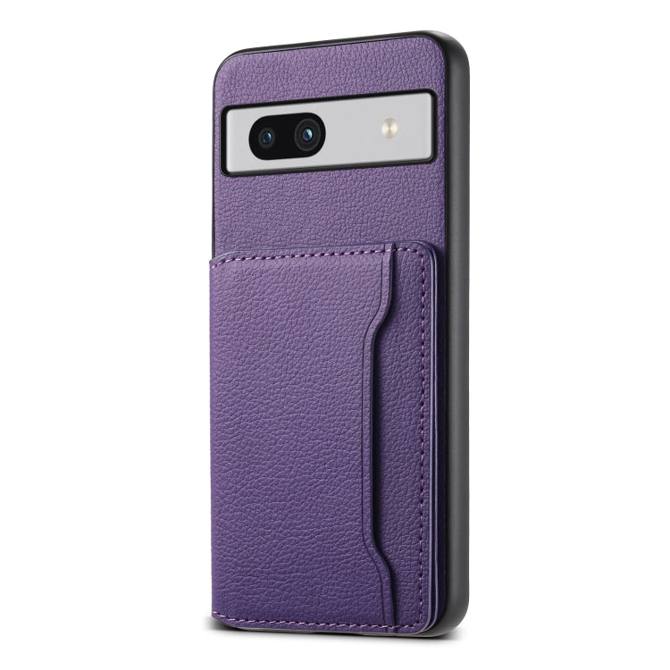 For Google Pixel 7a Calf Texture Card Bag Design Full Coverage Phone Case(Purple) - Google Cases by buy2fix | Online Shopping UK | buy2fix