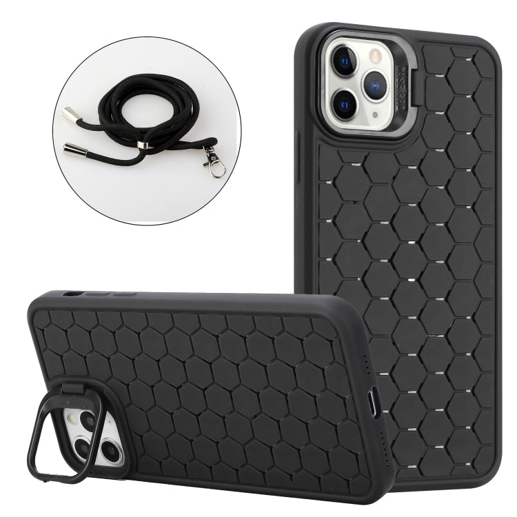 For iPhone 15 Pro Honeycomb Radiating Lens Holder Magsafe Phone Case with Lanyard(Black) - iPhone 15 Pro Cases by buy2fix | Online Shopping UK | buy2fix