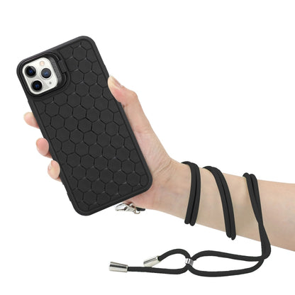 For iPhone 15 Pro Honeycomb Radiating Lens Holder Magsafe Phone Case with Lanyard(Black) - iPhone 15 Pro Cases by buy2fix | Online Shopping UK | buy2fix