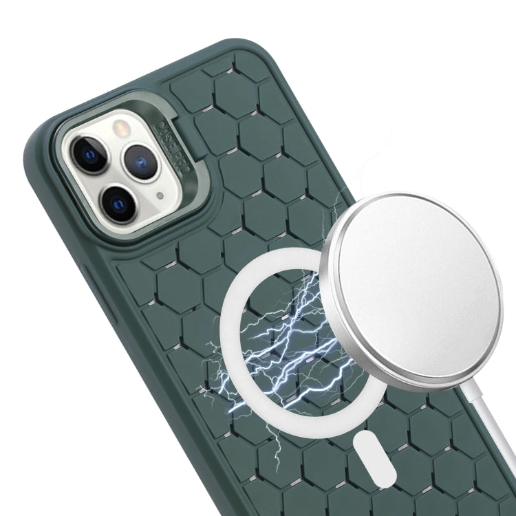 For iPhone 13 Pro Honeycomb Radiating Lens Holder Magsafe Phone Case with Lanyard(Green) - iPhone 13 Pro Cases by buy2fix | Online Shopping UK | buy2fix