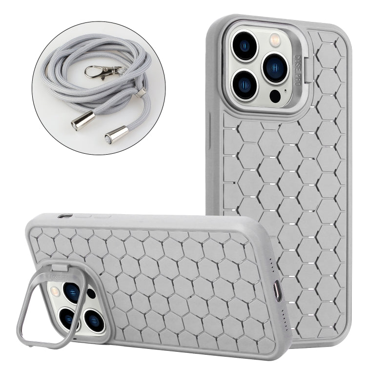 For iPhone 12 Pro Max Honeycomb Radiating Lens Holder Magsafe Phone Case with Lanyard(Grey) - iPhone 12 Pro Max Cases by buy2fix | Online Shopping UK | buy2fix