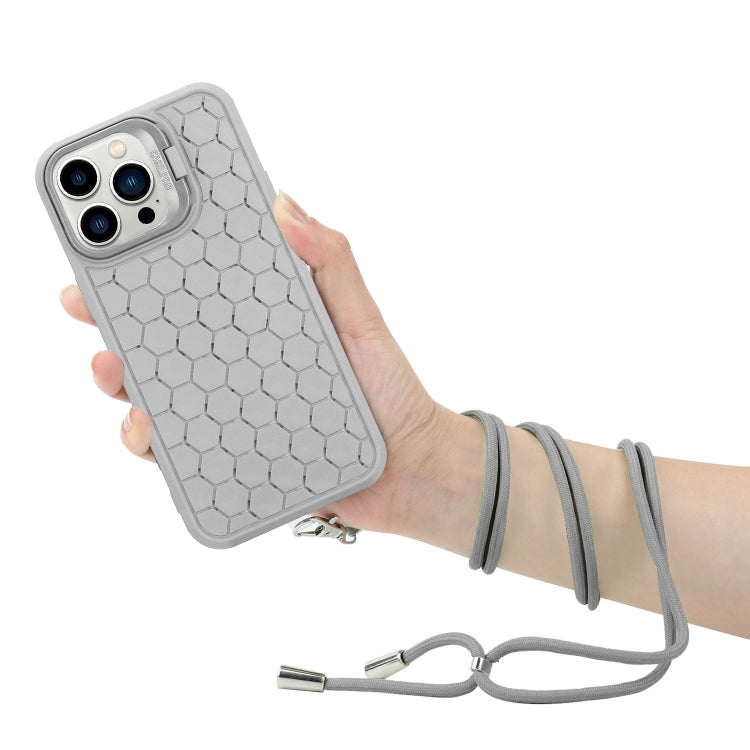 For iPhone 12 Pro Max Honeycomb Radiating Lens Holder Magsafe Phone Case with Lanyard(Grey) - iPhone 12 Pro Max Cases by buy2fix | Online Shopping UK | buy2fix