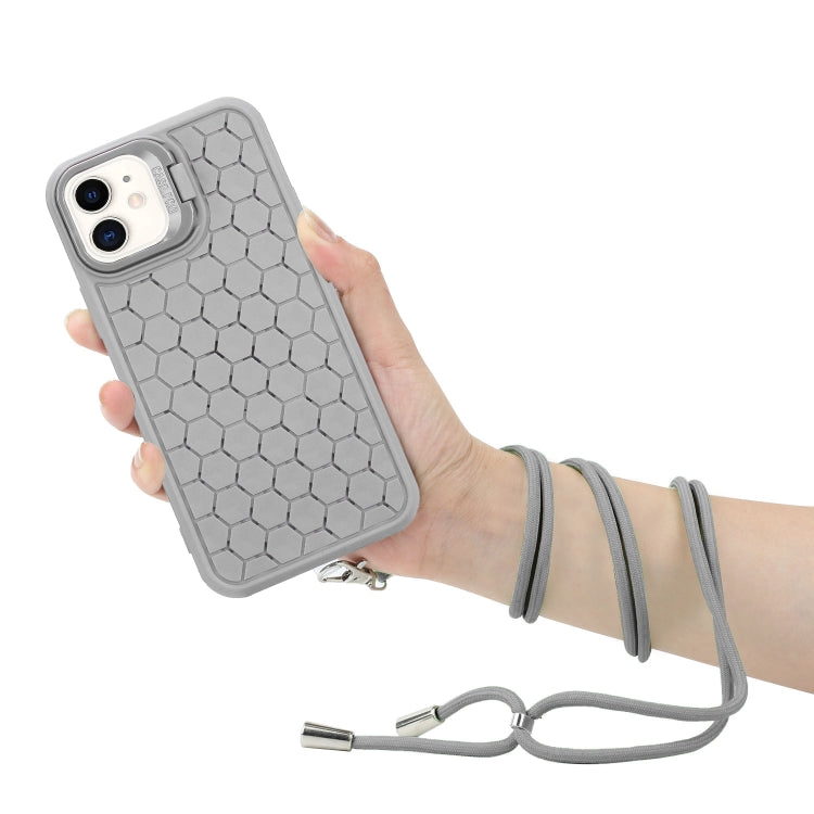 For iPhone 11 Honeycomb Radiating Lens Holder Magsafe Phone Case with Lanyard(Grey) - iPhone 11 Cases by buy2fix | Online Shopping UK | buy2fix