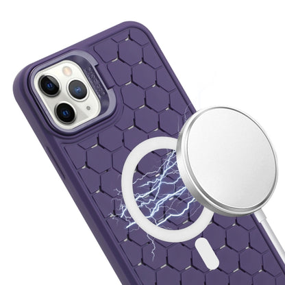 For iPhone 16 Pro Honeycomb Radiating Lens Holder Magsafe Phone Case with Lanyard(Purple) - iPhone 16 Pro Cases by buy2fix | Online Shopping UK | buy2fix