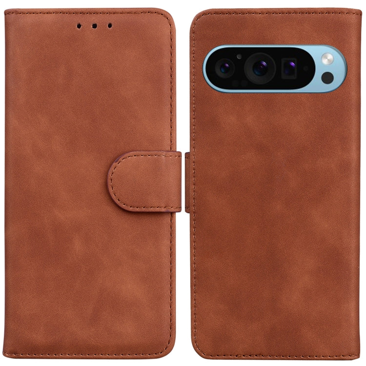 For Google Pixel 9 Pro Skin Feel Pure Color Flip Leather Phone Case(Brown) - Google Cases by buy2fix | Online Shopping UK | buy2fix