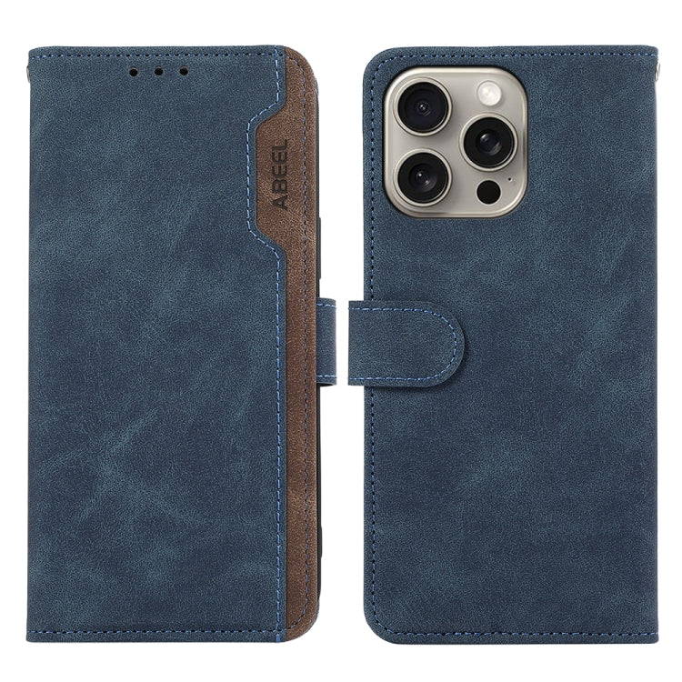 For iPhone 16 Pro ABEEL Color Block Magnetic RFID Leather Phone Case(Blue-Brown) - iPhone 16 Pro Cases by buy2fix | Online Shopping UK | buy2fix