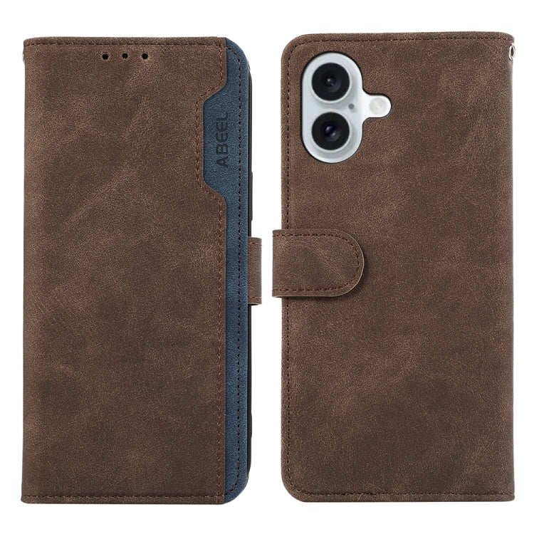 For iPhone 16 Plus ABEEL Color Block Magnetic RFID Leather Phone Case(Brown-Blue) - iPhone 16 Plus Cases by buy2fix | Online Shopping UK | buy2fix