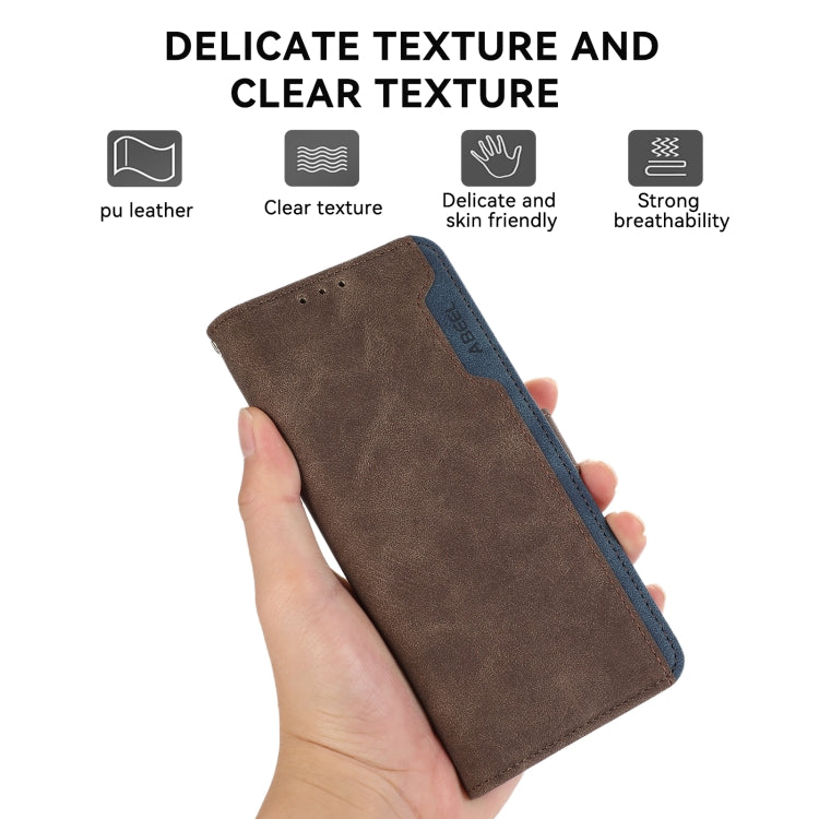 For iPhone 16 Plus ABEEL Color Block Magnetic RFID Leather Phone Case(Brown-Blue) - iPhone 16 Plus Cases by buy2fix | Online Shopping UK | buy2fix