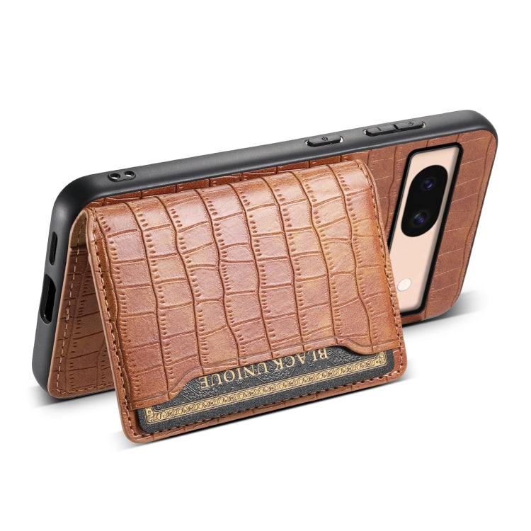 For Google Pixel 8a Crocodile Texture Card Bag Design Full Coverage Phone Case(Brown) - Google Cases by buy2fix | Online Shopping UK | buy2fix