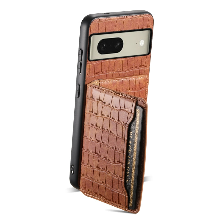 For Google Pixel 8 Crocodile Texture Card Bag Design Full Coverage Phone Case(Brown) - Google Cases by buy2fix | Online Shopping UK | buy2fix