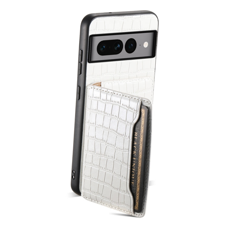 For Google Pixel 7 Pro 5G Crocodile Texture Card Bag Design Full Coverage Phone Case(White) - Google Cases by buy2fix | Online Shopping UK | buy2fix