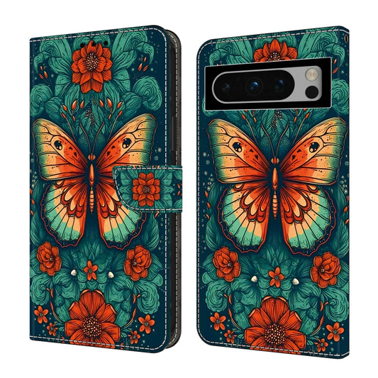 For Google Pixel 9 Pro Crystal Painted Leather Phone case(Flower Butterfly) - Google Cases by buy2fix | Online Shopping UK | buy2fix