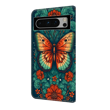 For Google Pixel 9 Pro Crystal Painted Leather Phone case(Flower Butterfly) - Google Cases by buy2fix | Online Shopping UK | buy2fix