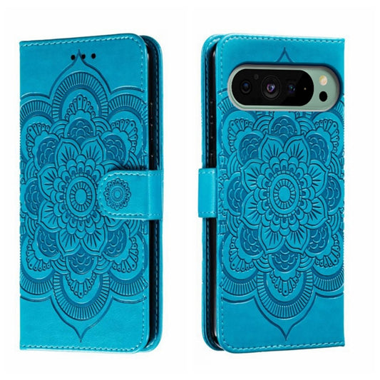 For Google Pixel 9 Sun Mandala Embossing Pattern Phone Leather Case(Blue) - Google Cases by buy2fix | Online Shopping UK | buy2fix