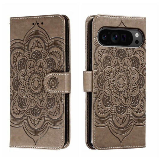 For Google Pixel 9 Pro Sun Mandala Embossing Pattern Phone Leather Case(Grey) - Google Cases by buy2fix | Online Shopping UK | buy2fix