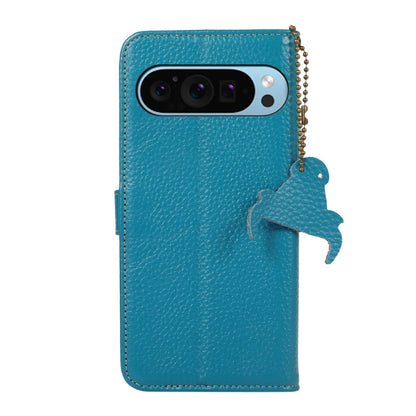 For Google Pixel 9 Genuine Leather Litchi Texture RFID Leather Phone Case(Blue) - Google Cases by buy2fix | Online Shopping UK | buy2fix