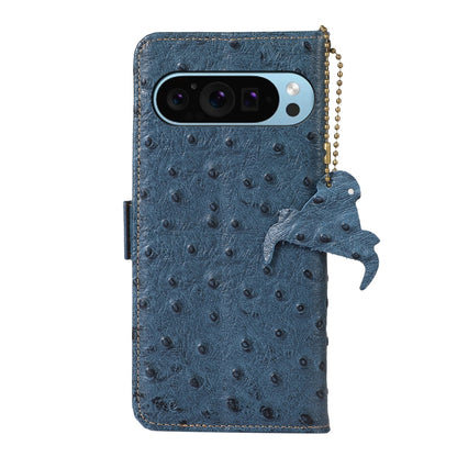 For Google Pixel 9 Ostrich Pattern Genuine Leather RFID Phone Case(Blue) - Google Cases by buy2fix | Online Shopping UK | buy2fix