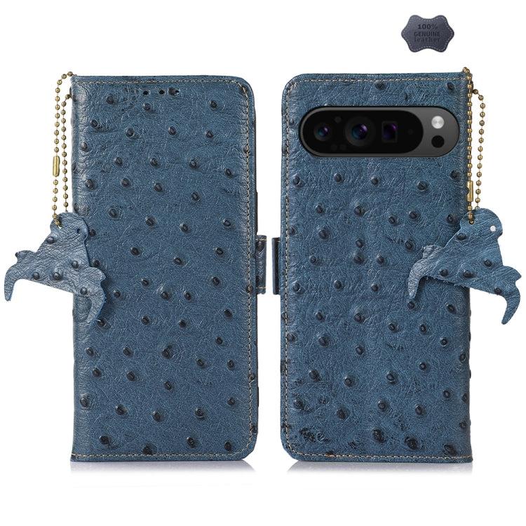 For Google Pixel 9 Pro Ostrich Pattern Genuine Leather RFID Phone Case(Blue) - Google Cases by buy2fix | Online Shopping UK | buy2fix