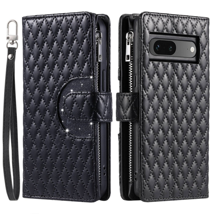 For Google Pixel 7 5G Glitter Lattice Zipper Wallet Leather Phone Case(Black) - Google Cases by buy2fix | Online Shopping UK | buy2fix