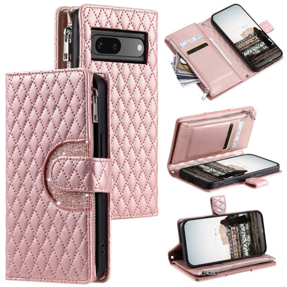 For Google Pixel 7 5G Glitter Lattice Zipper Wallet Leather Phone Case(Rose Gold) - Google Cases by buy2fix | Online Shopping UK | buy2fix