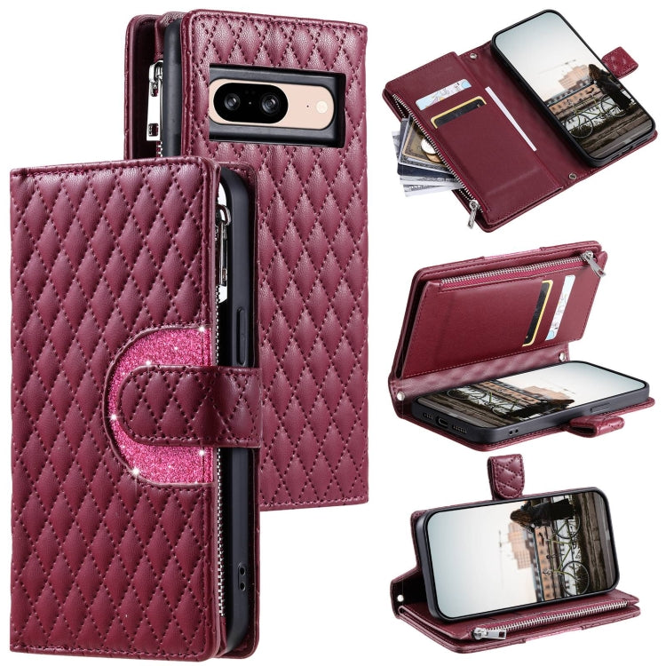 For Google Pixel 8 Glitter Lattice Zipper Wallet Leather Phone Case(Wine Red) - Google Cases by buy2fix | Online Shopping UK | buy2fix