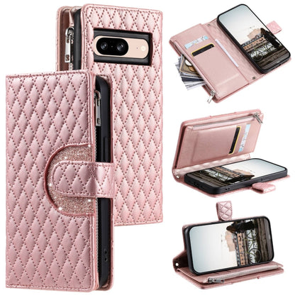 For Google Pixel 8 Glitter Lattice Zipper Wallet Leather Phone Case(Rose Gold) - Google Cases by buy2fix | Online Shopping UK | buy2fix