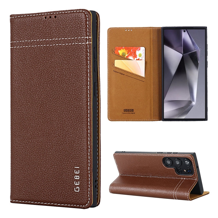 For Samsung Galaxy S24 Ultra 5G GEBEI Top-grain Horizontal Flip Leather Phone Case(Brown) - Galaxy S24 Ultra 5G Cases by GEBEI | Online Shopping UK | buy2fix