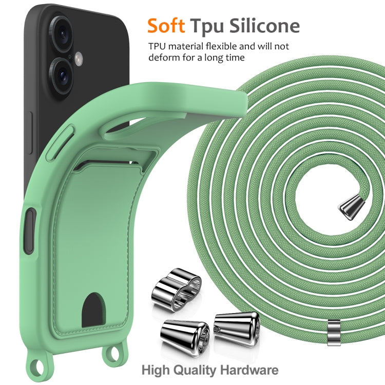 For iPhone 16 Plus Integrated Card Bag Solid Color Liquid Silicone Phone Case with Lanyard(Green) - iPhone 16 Plus Cases by buy2fix | Online Shopping UK | buy2fix