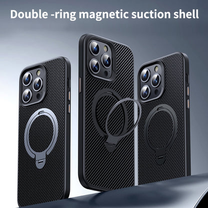 For iPhone 16 Plus Double Ring MagSafe Holder Carbon Fiber Phone Case(Silver) - iPhone 16 Plus Cases by buy2fix | Online Shopping UK | buy2fix