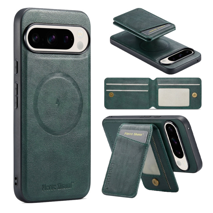 For Google Pixel 9 Fierre Shann Oil Wax Cow Leather Magnetic Card Holder Phone Case(Green) - Google Cases by FIERRE SHANN | Online Shopping UK | buy2fix