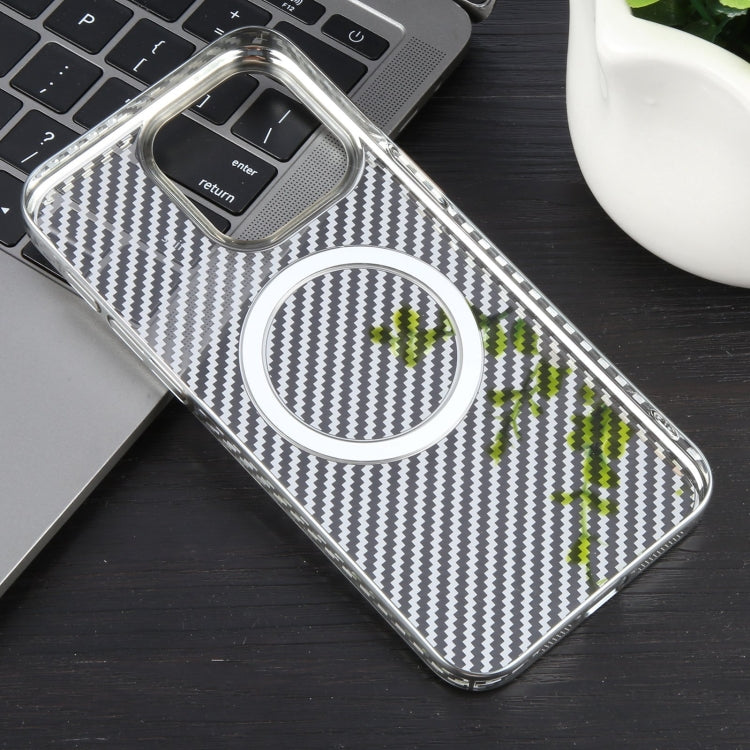 For iPhone 15 6D Plated Carbon Fiber Clear Magsafe PC Phone Case(Starlight Silver) - iPhone 15 Cases by buy2fix | Online Shopping UK | buy2fix