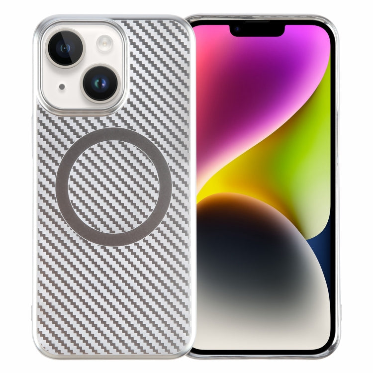 For iPhone 14 6D Plated Carbon Fiber Clear Magsafe PC Phone Case(Starlight Silver) - iPhone 14 Cases by buy2fix | Online Shopping UK | buy2fix