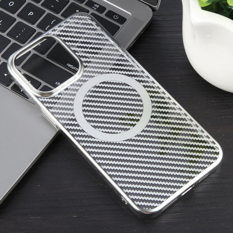 For iPhone 14 6D Plated Carbon Fiber Clear Magsafe PC Phone Case(Starlight Silver) - iPhone 14 Cases by buy2fix | Online Shopping UK | buy2fix